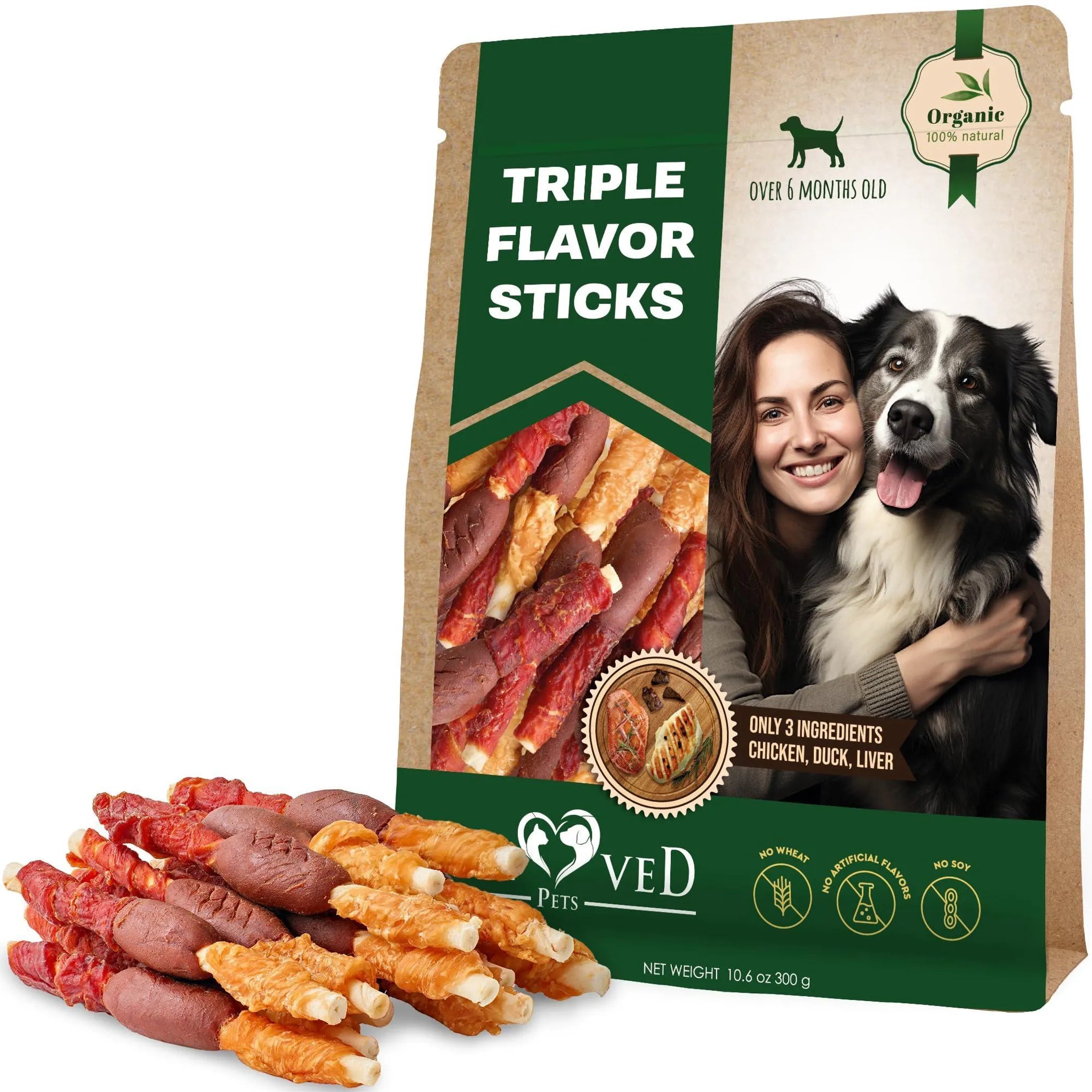 Triple Flavor Dog Rawhide Treats Duck & Chicken front view | CalmPaws