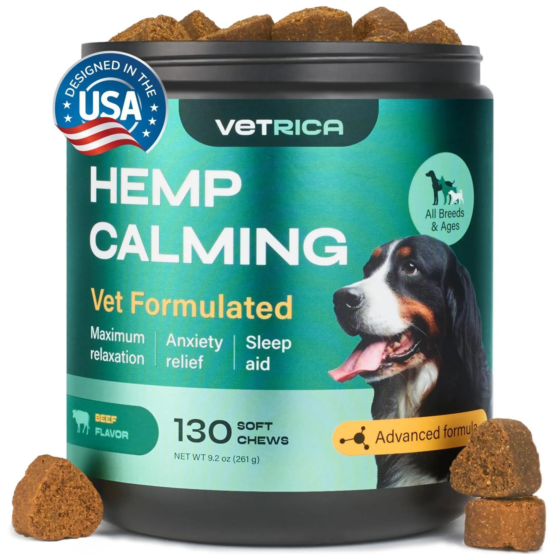 Hemp Calming Chews for High-Anxiety Dogs - Beef Flavor packaging detail | CalmPaws