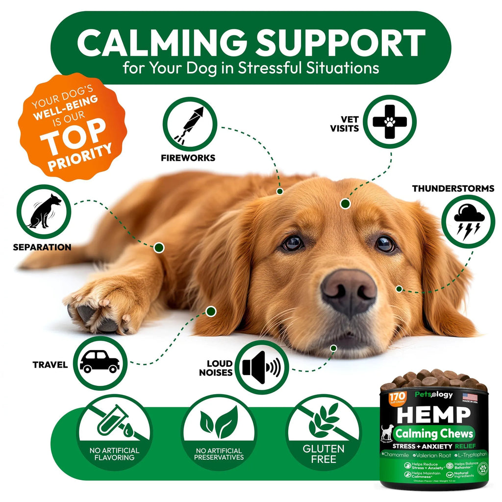 Hemp Calming Chews for Dogs - Natural Anxiety Relief label close-up | CalmPaws
