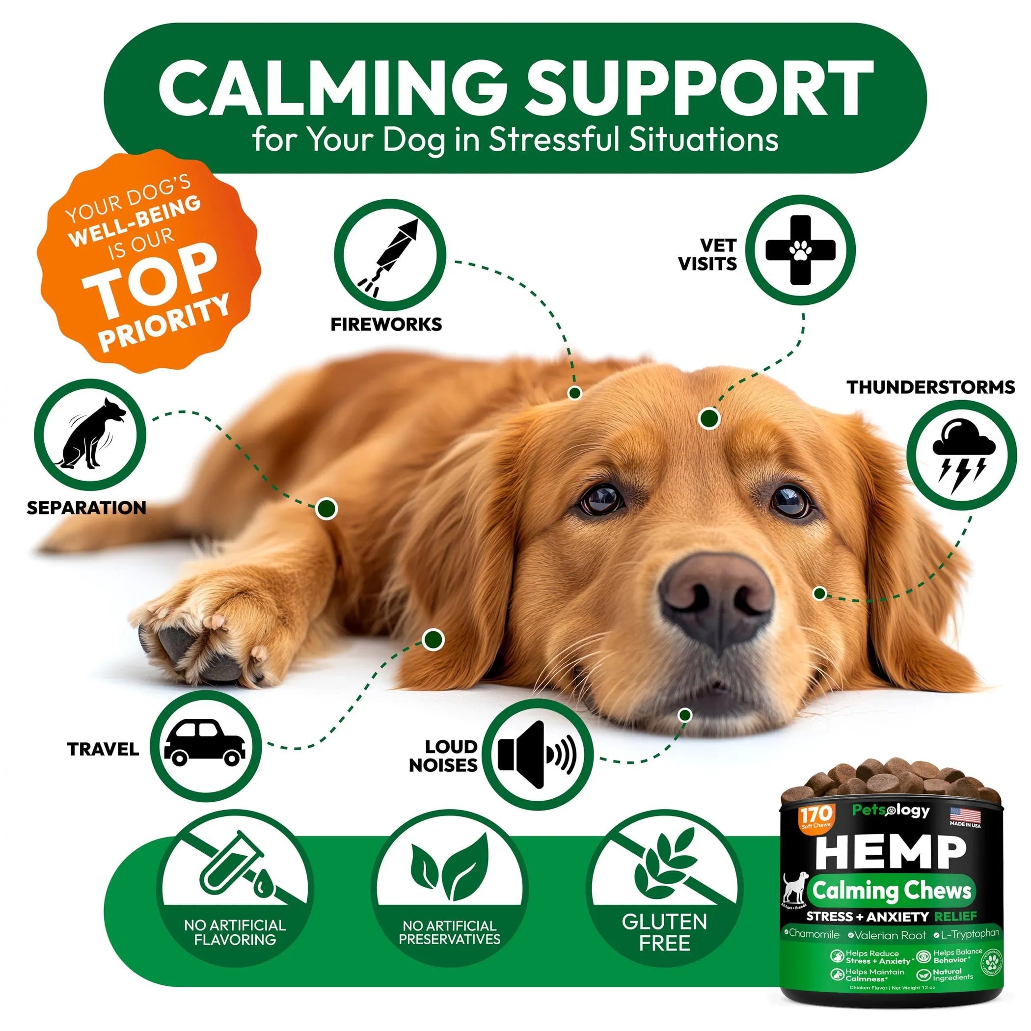 Hemp Calming Chews for Dogs - Natural Anxiety Relief label close-up | CalmPaws
